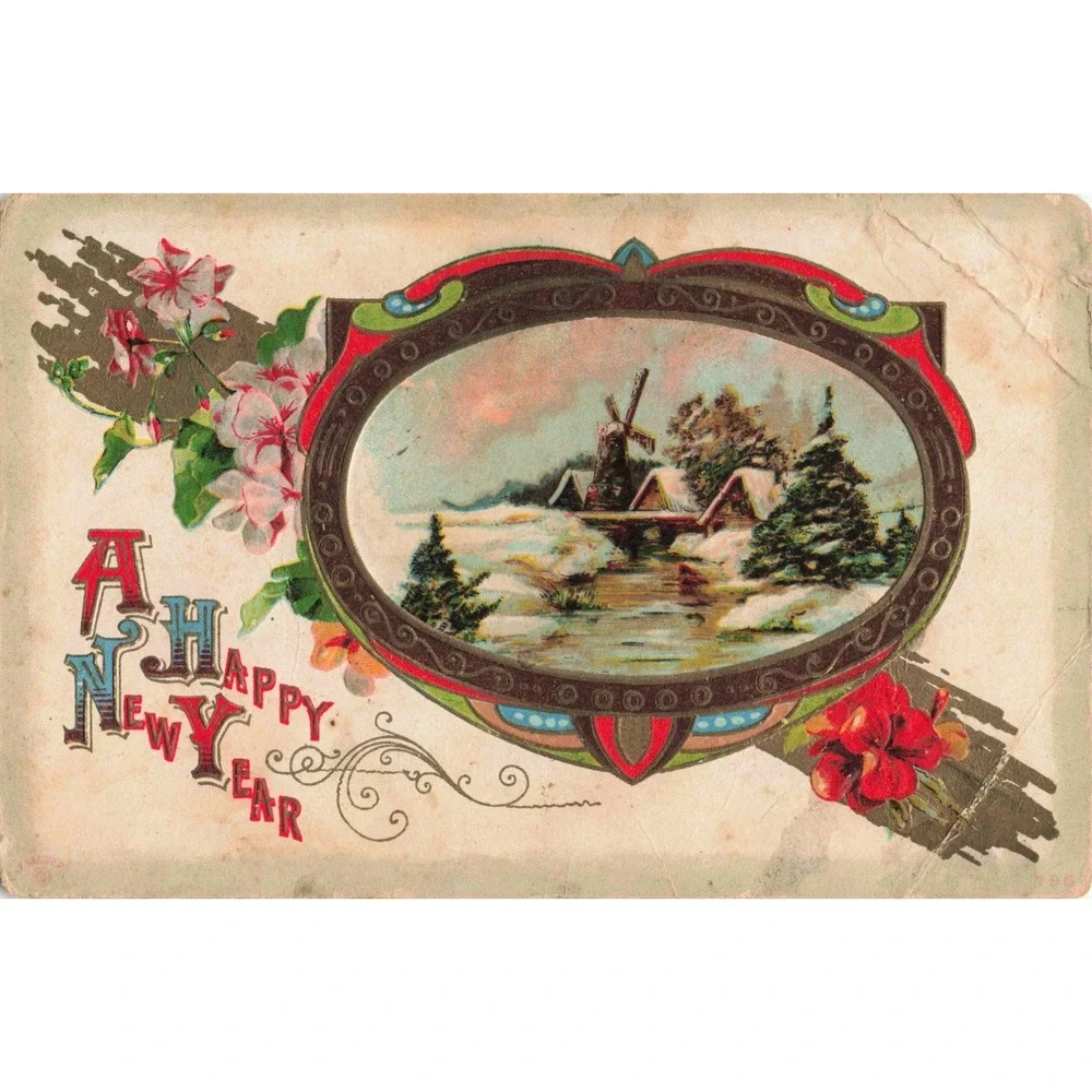 Vintage 1914 Happy New Year Postcard Winter Windmill Scene Vandalia IL Postmark
